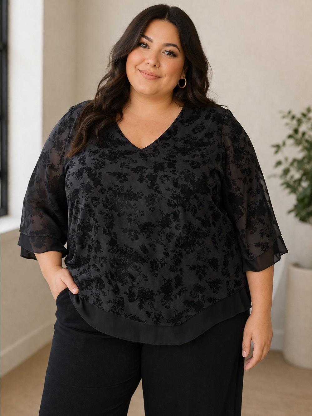 Plus Size Black Velvet Burnout V-Neck Blouse